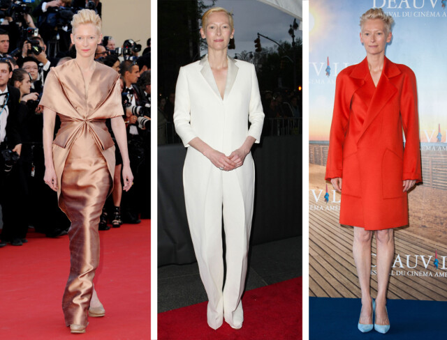 VEKKER OPPSIKT: Tilda Swinton er aldri nøytralt kledd. Her er hun i tre ulike designantrekk. Foto: All Over Press/FameFlynet VEKKER OPPSIKT: Tilda Swinton er aldri nøytralt kledd. Her er hun i tre ulike designantrekk. Foto: All Over Press/FameFlynet